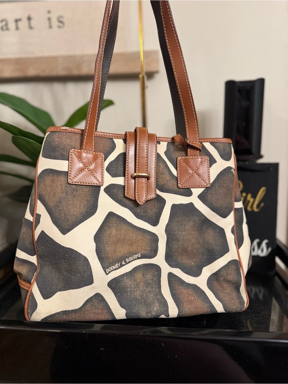 Dooney & Bourke Brown and Cream Giraffe-Print Shoulder Tote